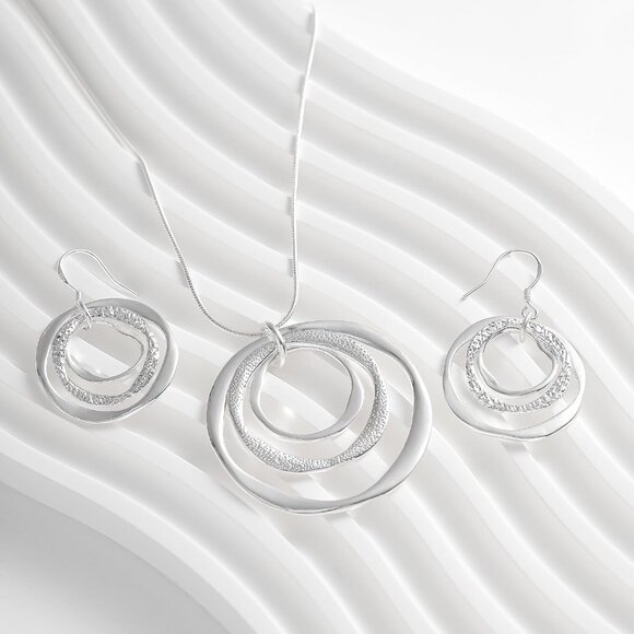 Women's 925 Plated Hypoallergeni 3 Circles Silver Hoop Earring and Necklace Set - Picture 6 of 7
